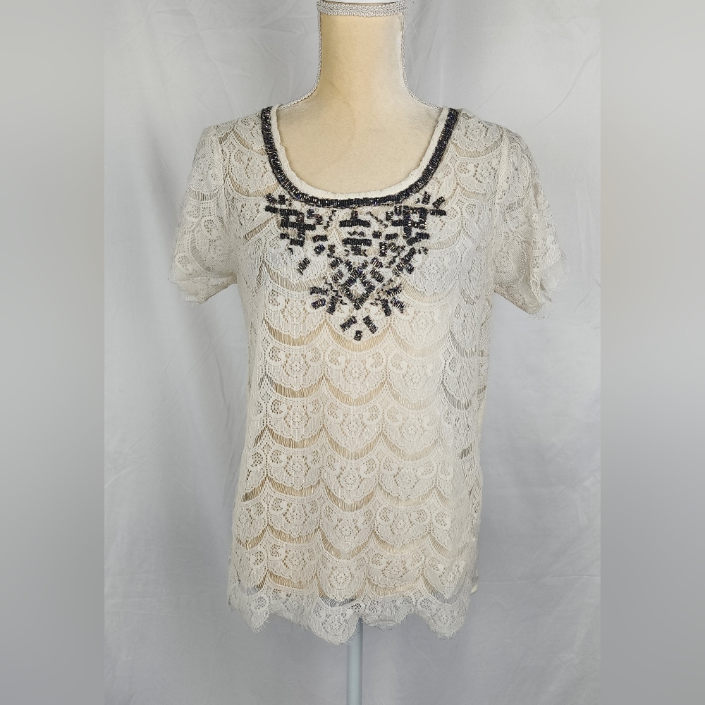Lucky Brand Women's Beaded Lace Sheer Boho Coachella Grunge Top sz S